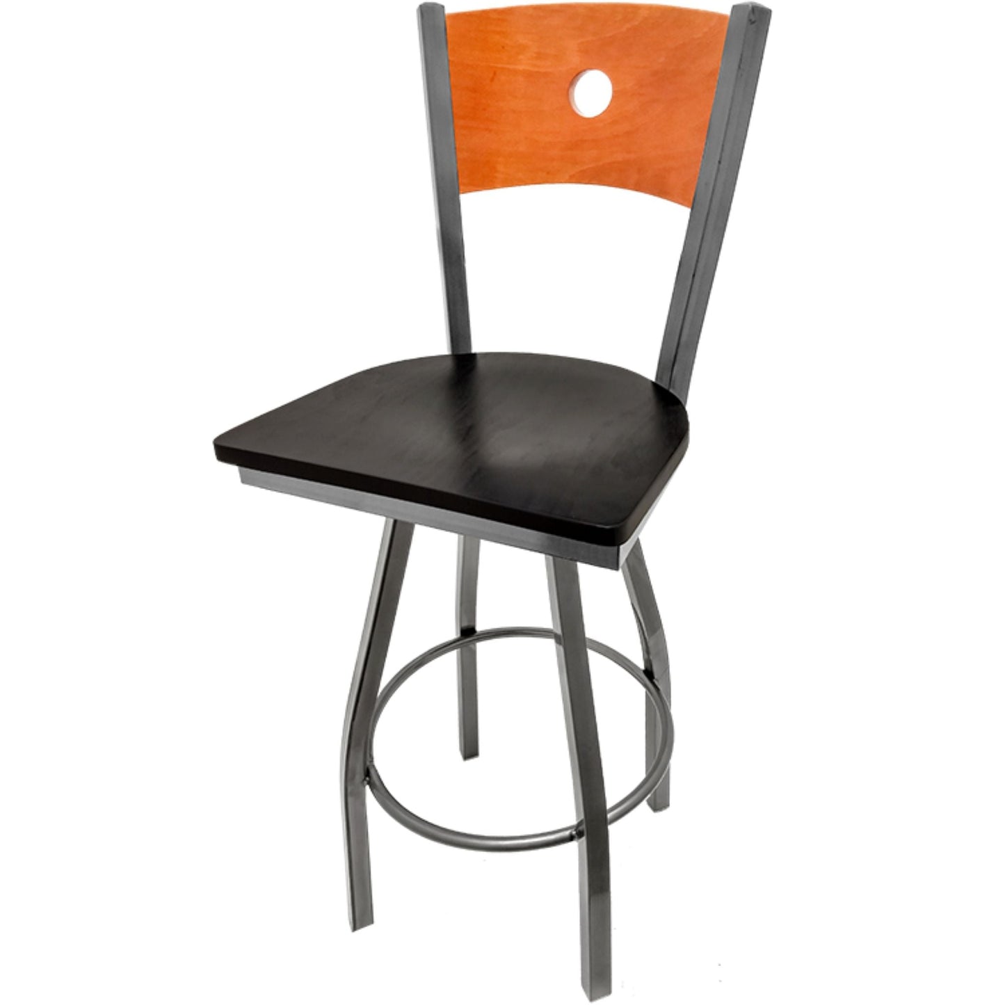 Bullseye wood back barstool with clear coat swivel frame, cherry back and black stain wood seat