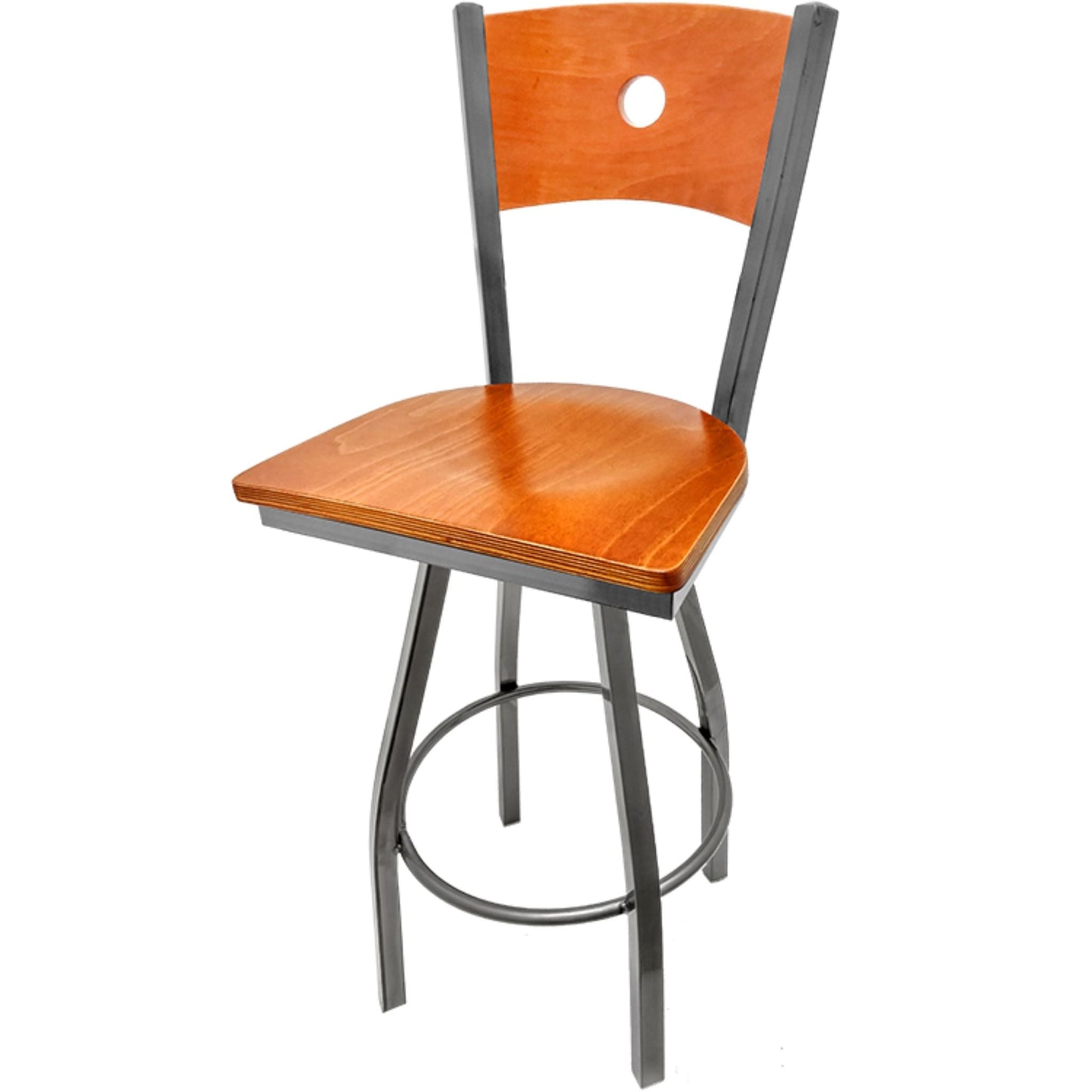 Bullseye wood back barstool with clear coat swivel frame, cherry back and cherry wood seat