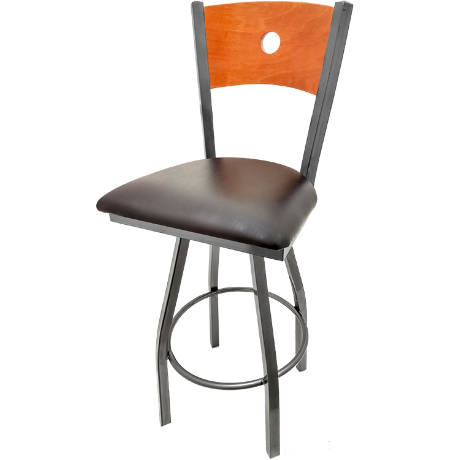 Bullseye wood back barstool with clear coat swivel frame, cherry back and espresso vinyl seat
