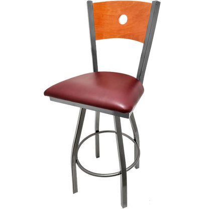 Bullseye wood back barstool with clear coat swivel frame, cherry back and wine vinyl seat