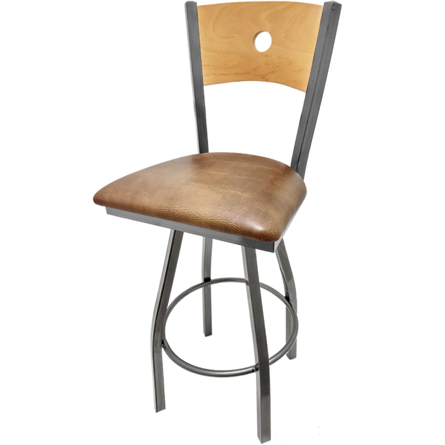 Bullseye wood back barstool with clear coat back and buckskin vinyl seat