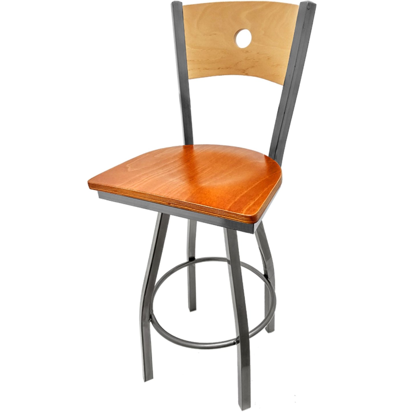 Bullseye wood back barstool with clear coat back and cherry wood seat