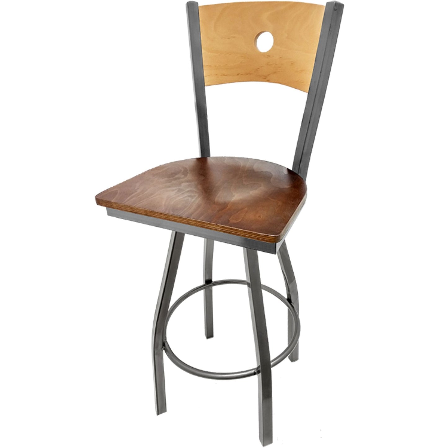 Bullseye wood back barstool with clear coat back and walnut wood seat