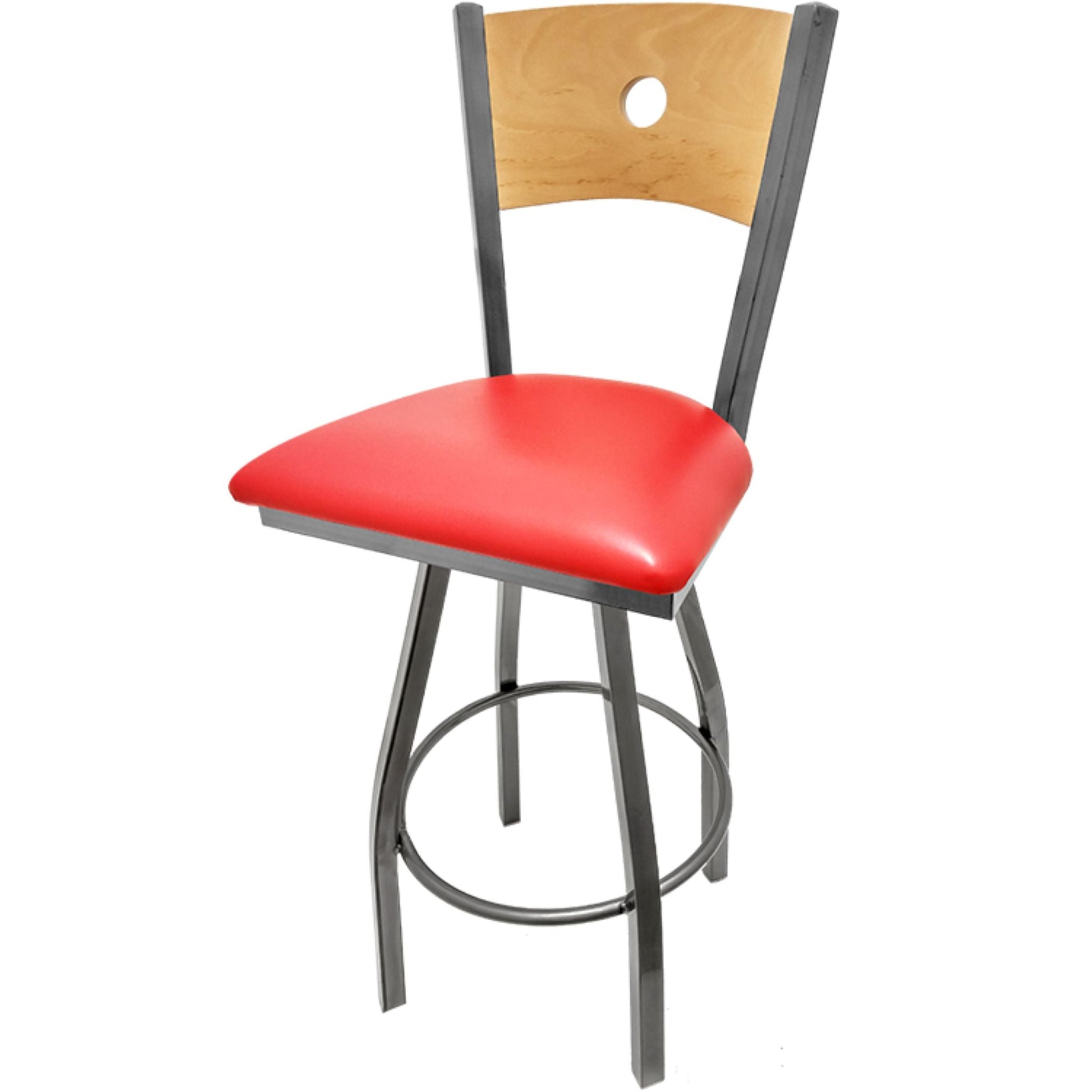Bullseye wood back barstool with clear coat back and red vinyl seat