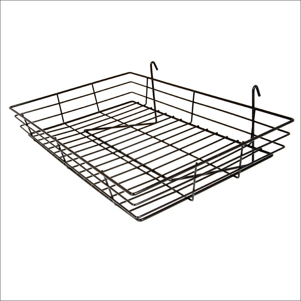 Wire Basket Tray for Gridwall  Made from steel and coated with a semi- gloss black epoxy, the basket is15" deep  and 24" wide with a 4-1â„2" high lip Black: - 1