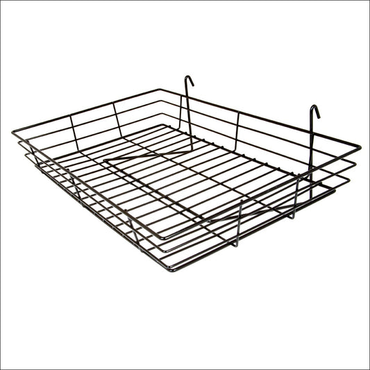 Wire Basket Tray for Gridwall  Made from steel and coated with a semi- gloss black epoxy, the basket is15" deep  and 24" wide with a 4-1â„2" high lip Black: - 1