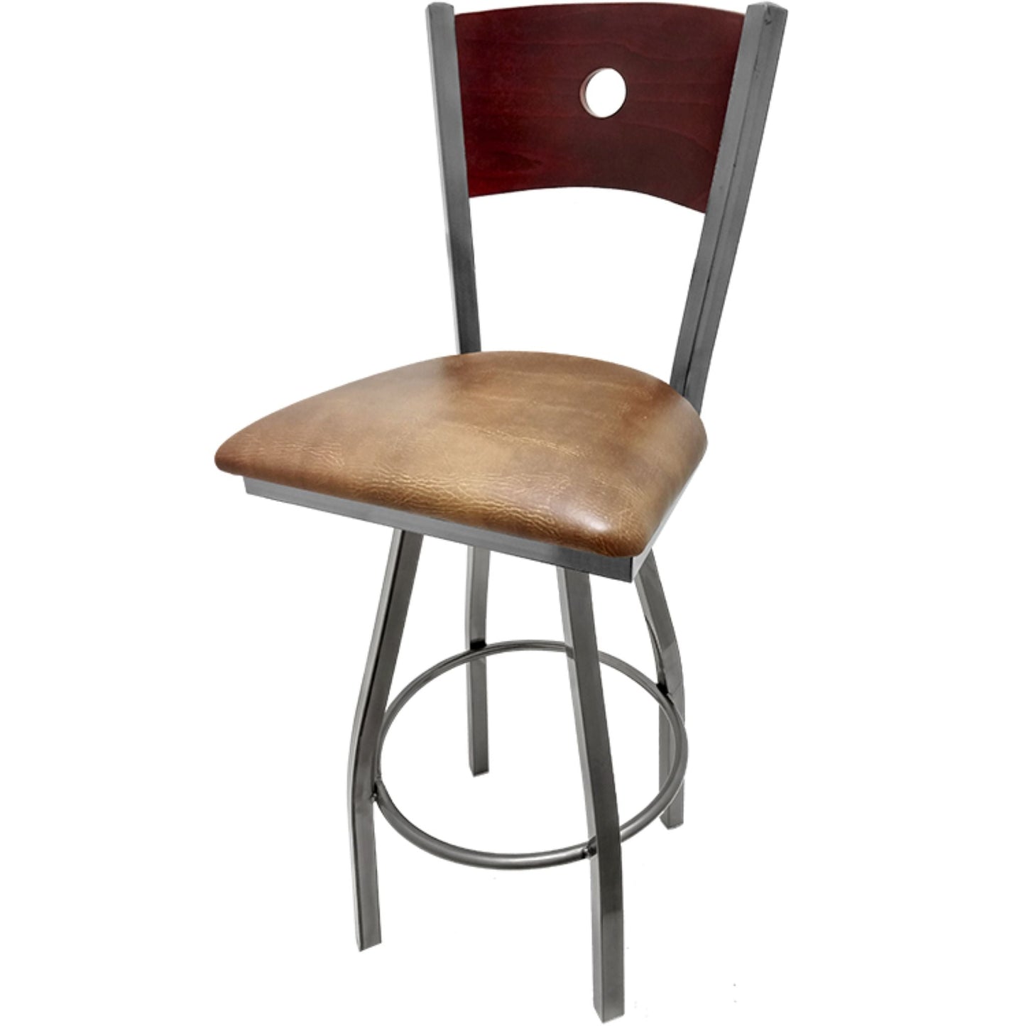 Bullseye wood back barstool with clear coat swivel frame, mahogany back and buckskin vinyl seat