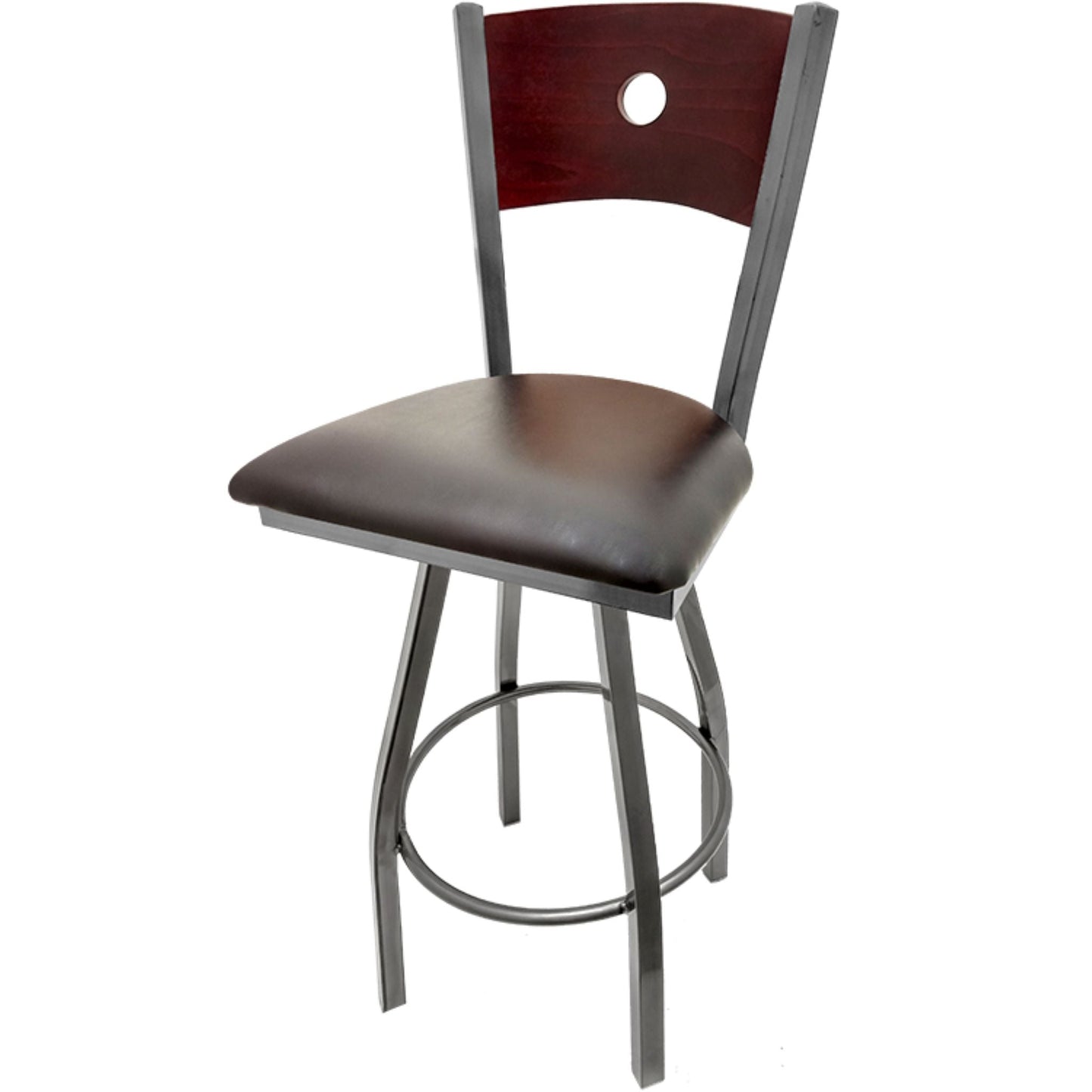 Bullseye wood back barstool with clear coat swivel frame, mahogany back and espresso vinyl seat
