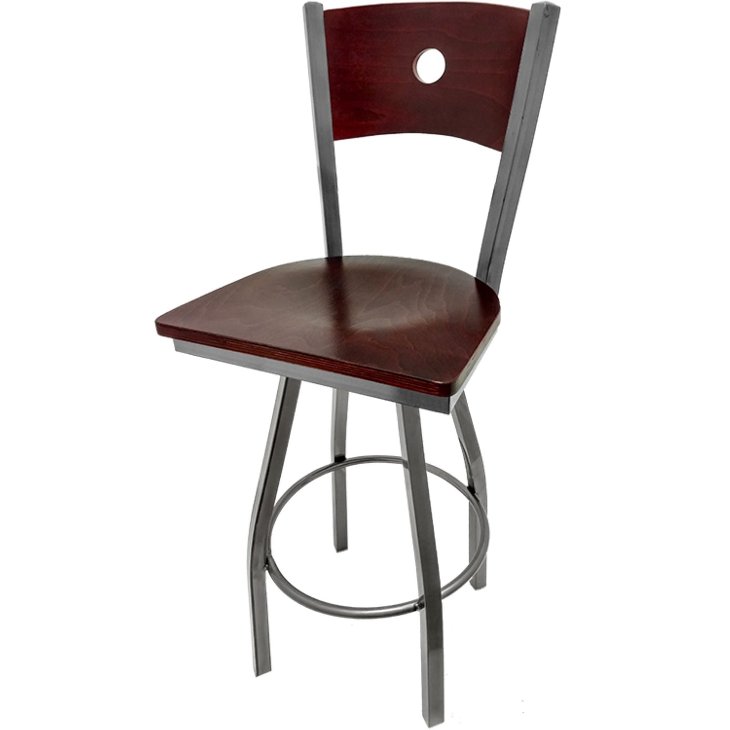 Bullseye wood back barstool with clear coat swivel frame, mahogany back and mahogany wood seat
