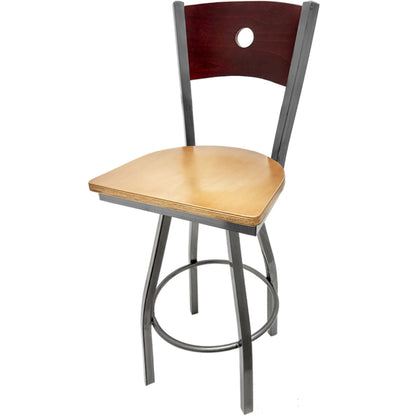 Bullseye wood back barstool with clear coat swivel frame, mahogany back and natural wood seat