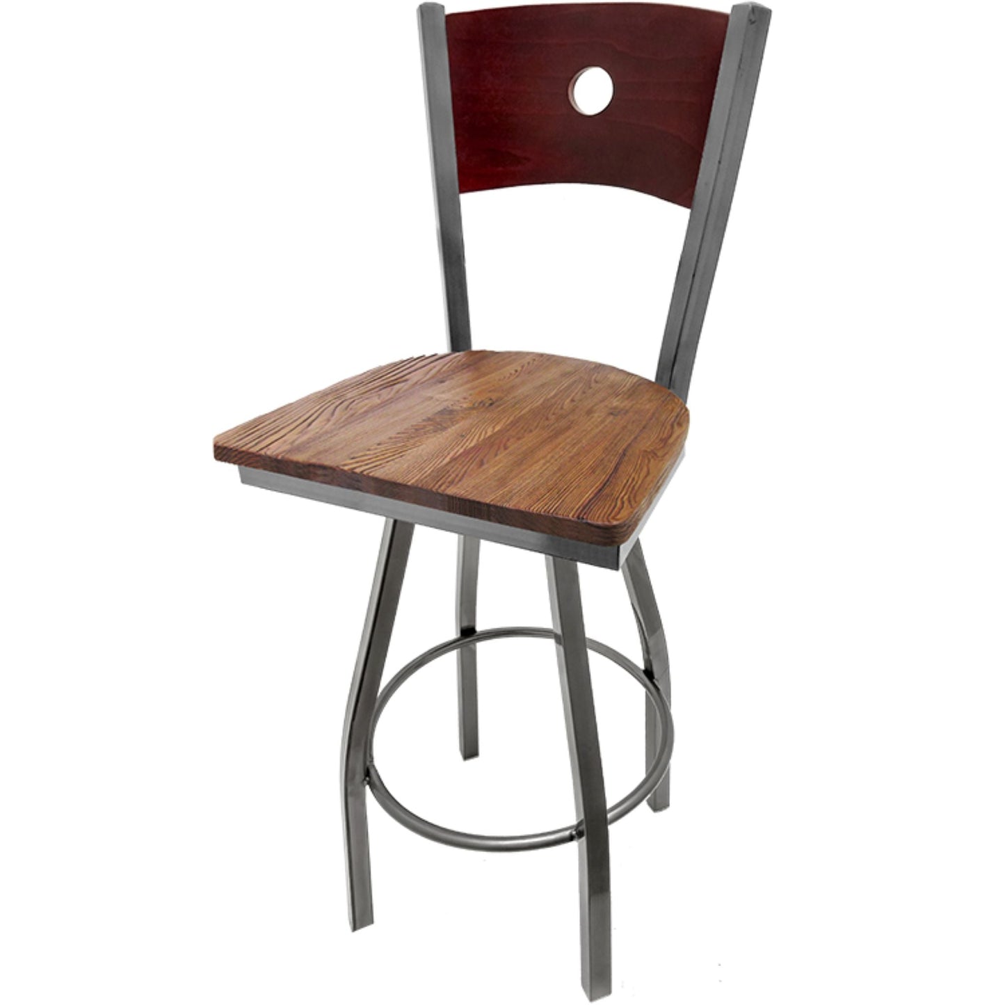 Bullseye wood back barstool with clear coat swivel frame, mahogany back and reclaimed wood seat