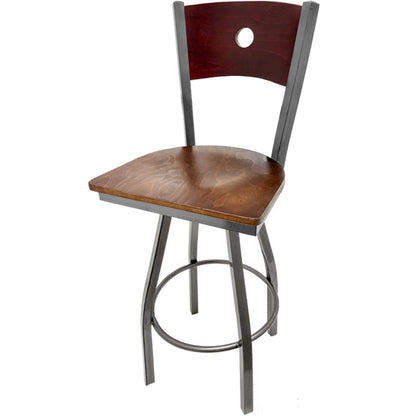 Bullseye wood back barstool with clear coat swivel frame, mahogany back and walnut wood seat