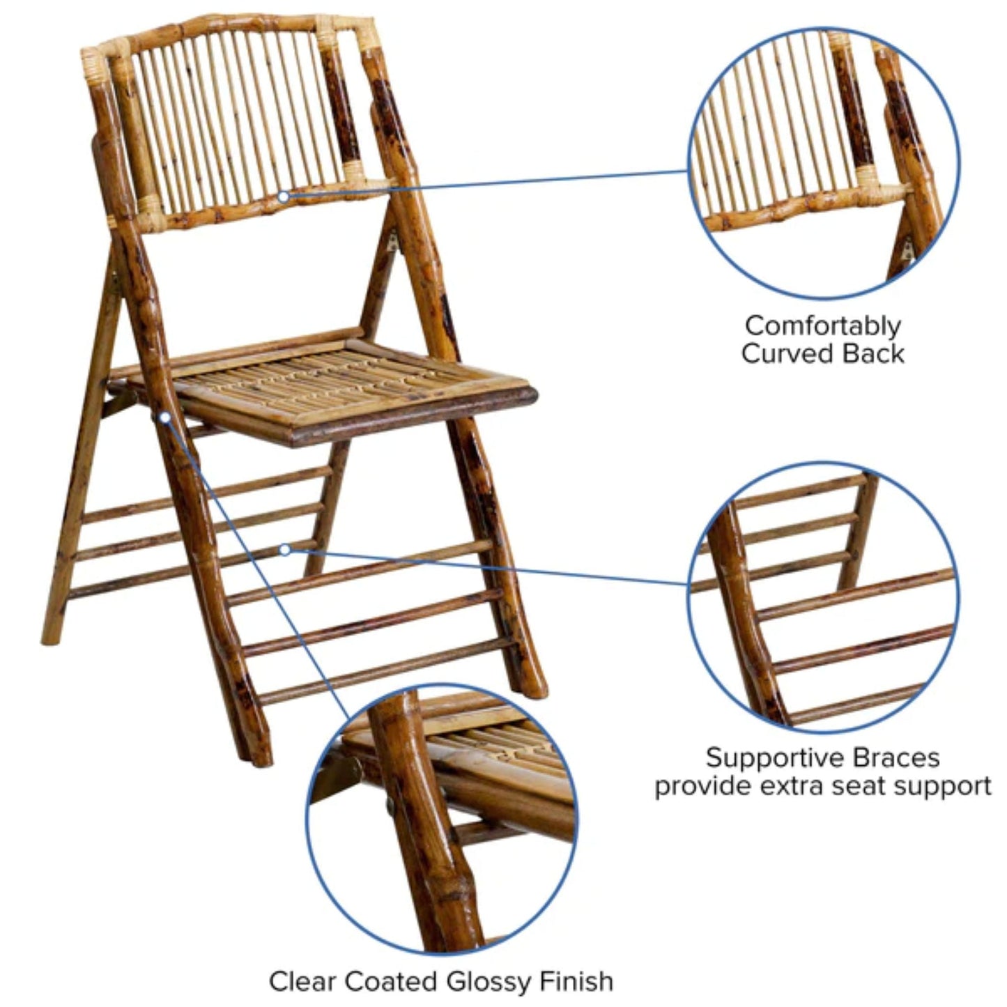 Bamboo folding chair with glossy finish, slatted seat, and curved backrest for weddings and event seating with close up details