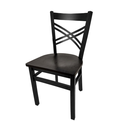 Crossback dining chair with black powder-coated steel frame and black stained solid wood seat.