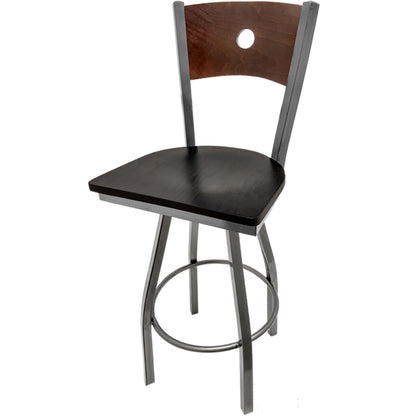 Bullseye wood back barstool with clear coat swivel frame, walnut back and black stain wood seat