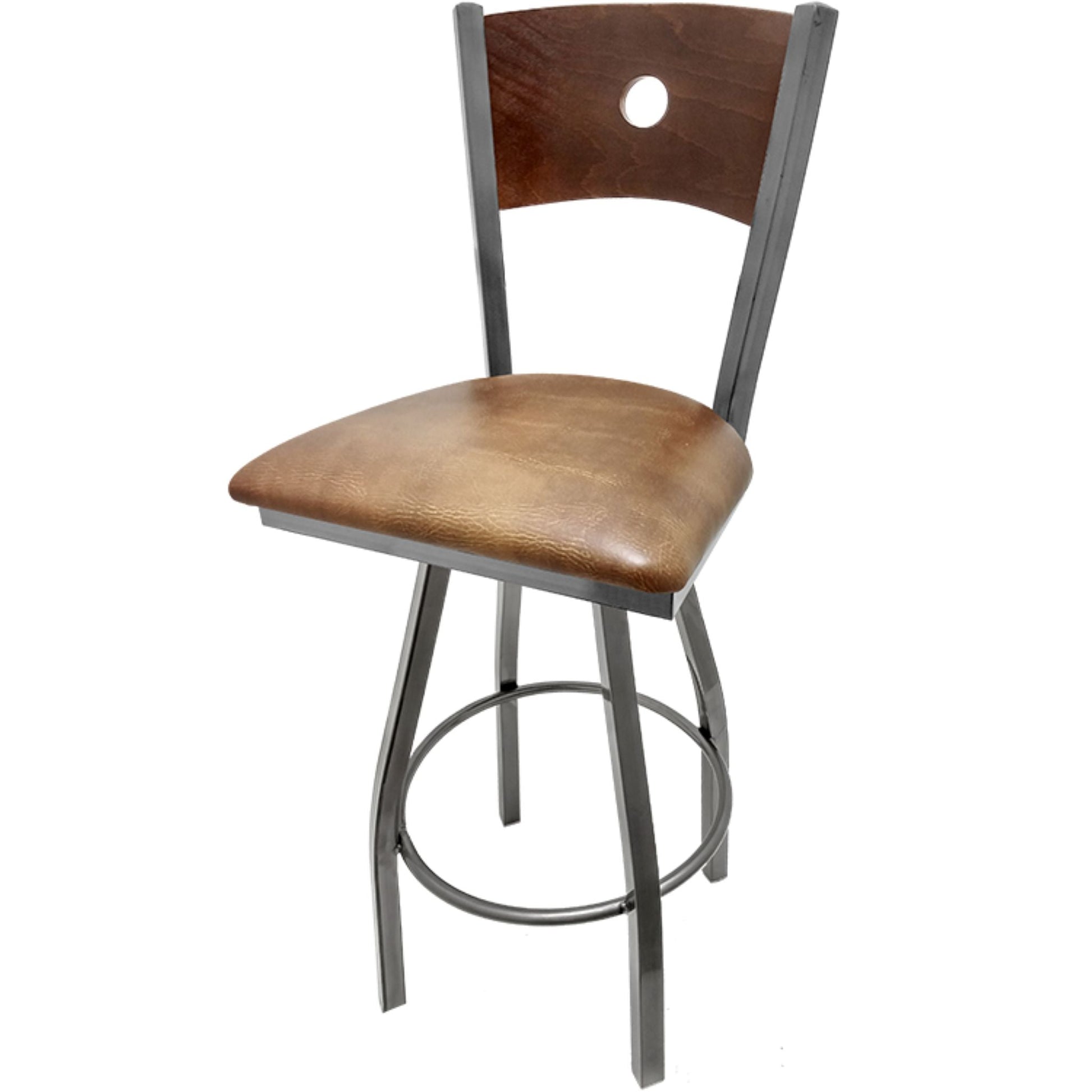 Bullseye wood back barstool with clear coat swivel frame, walnut back and buckskin vinyl seat