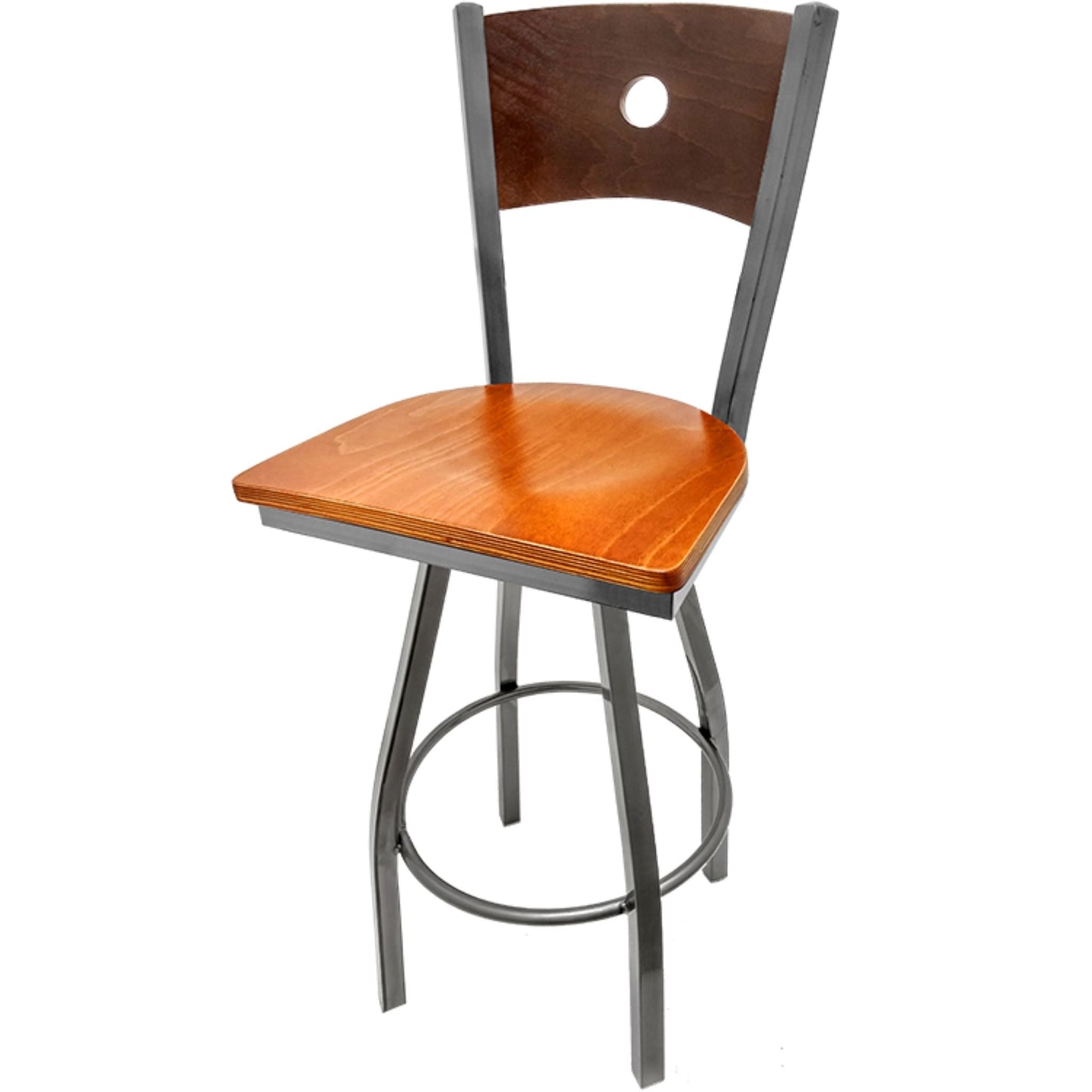 Bullseye wood back barstool with clear coat swivel frame, walnut back and cherry wood seat