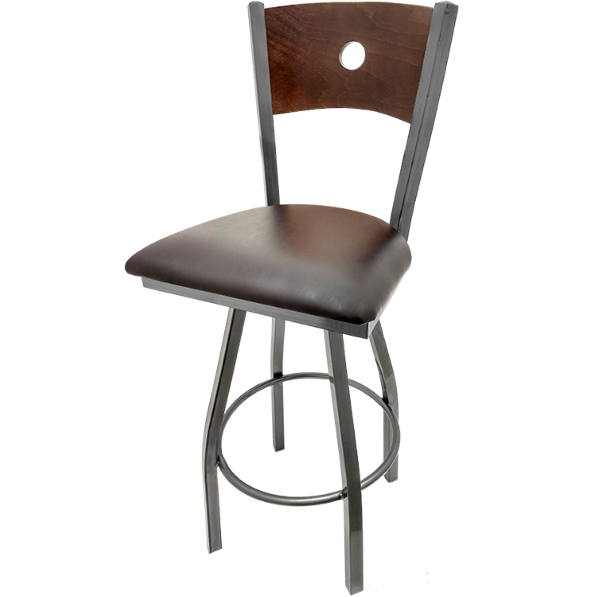 Bullseye wood back barstool with clear coat swivel frame, walnut back and espresso vinyl seat