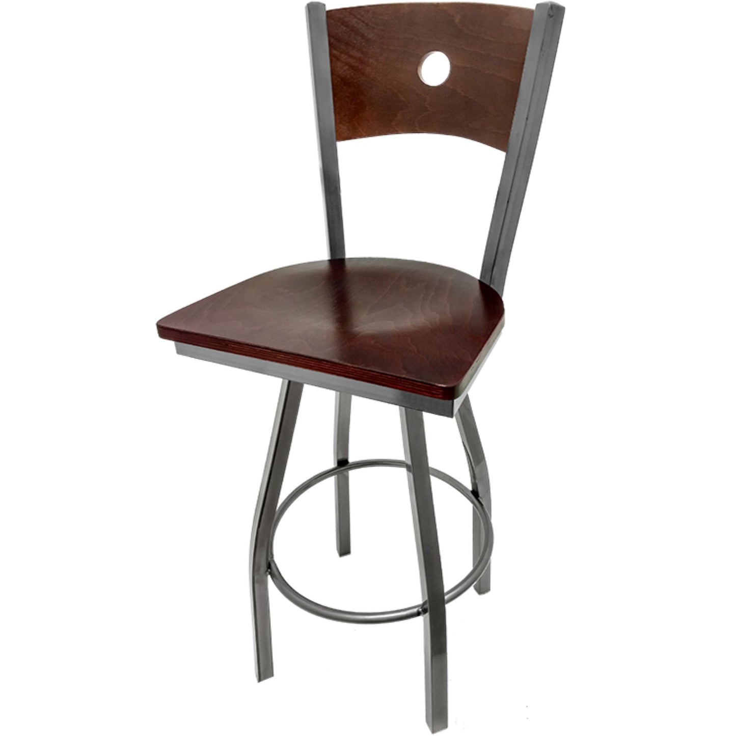 Bullseye wood back barstool with clear coat swivel frame, walnut back and mahogany wood seat
