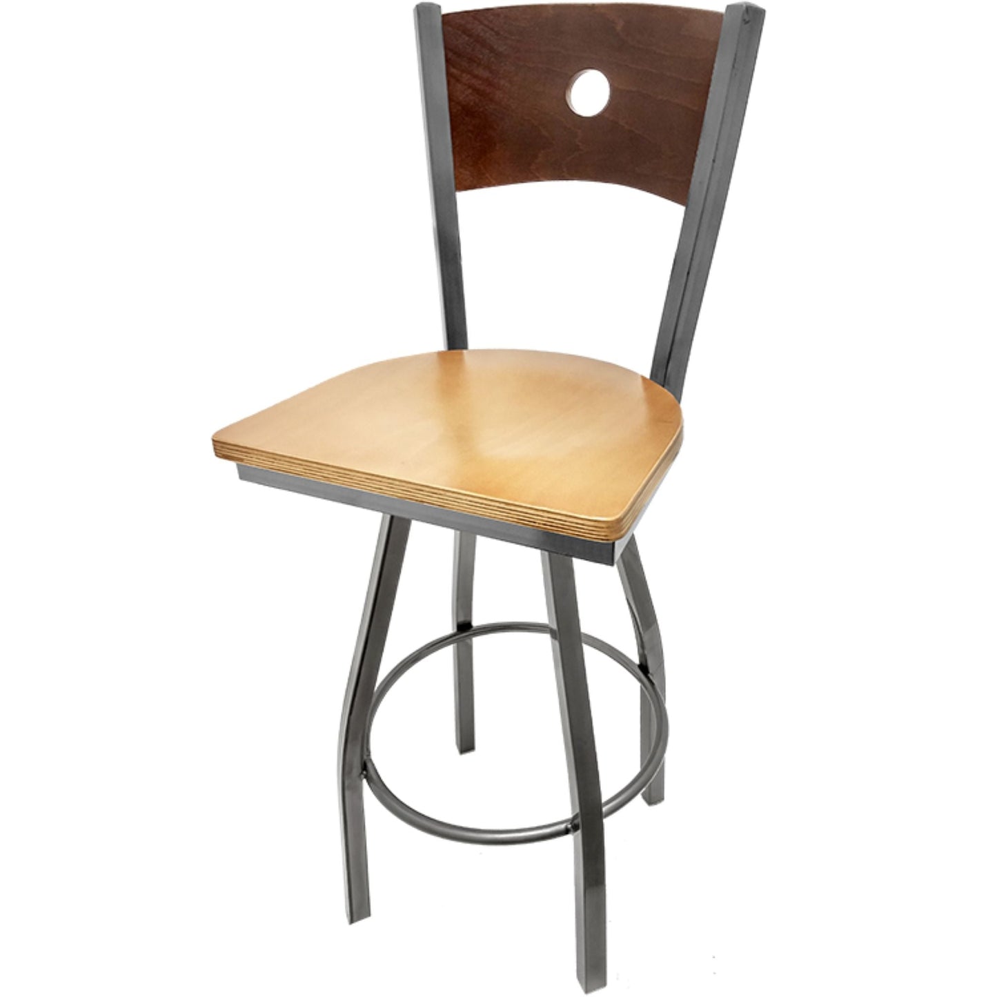 Bullseye wood back barstool with clear coat swivel frame, walnut back and natural wood seat