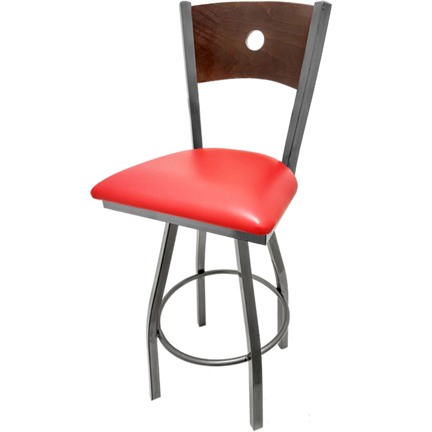 Bullseye wood back barstool with clear coat swivel frame, walnut back and red vinyl seat