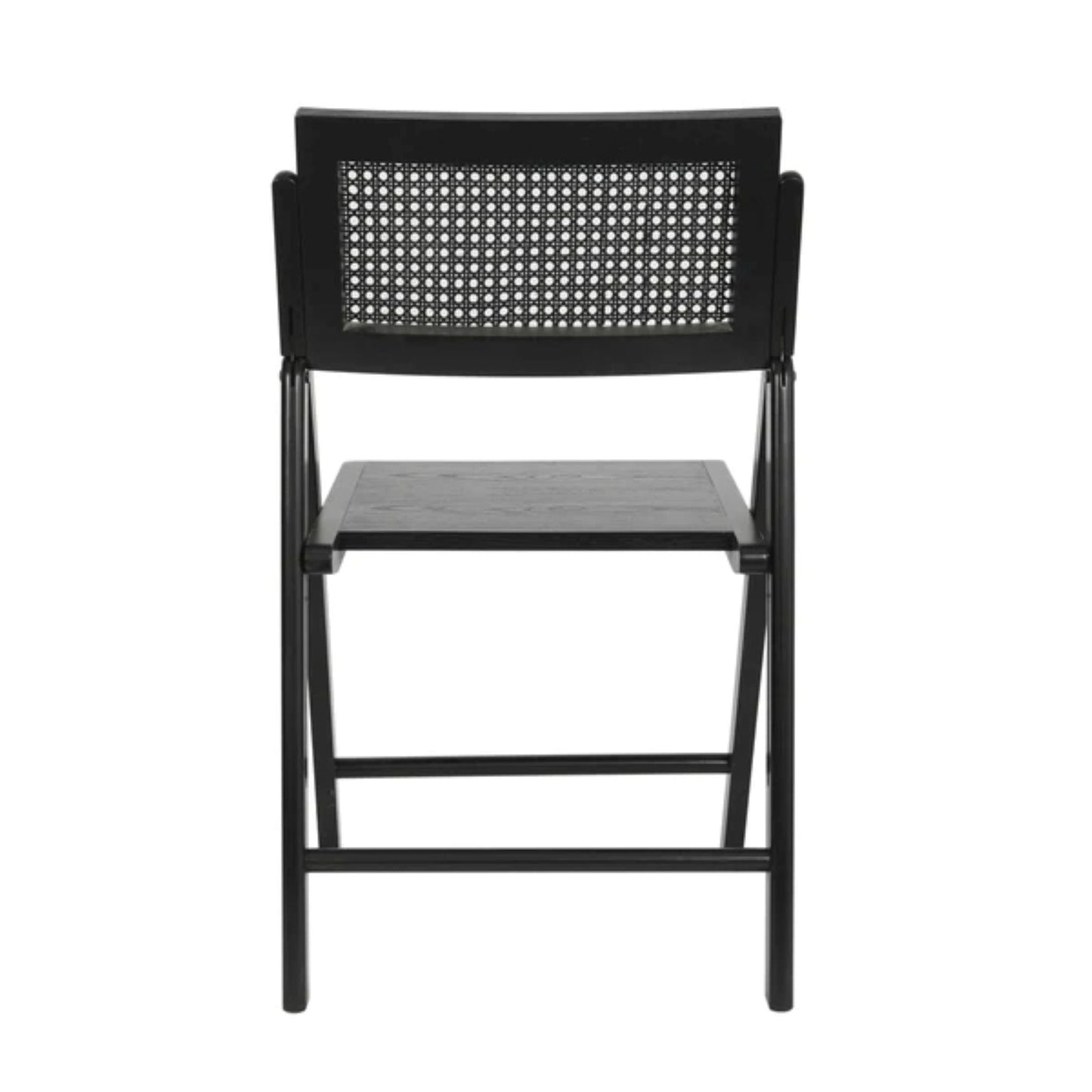 Back view of cane rattan folding chair with black solid wood frame, wood seat, and breathable woven cane back.