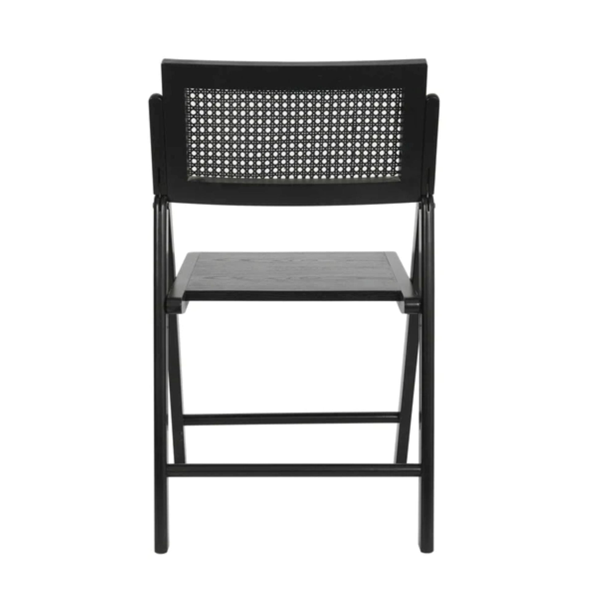 Back view of cane rattan folding chair with black solid wood frame, wood seat, and breathable woven cane back.