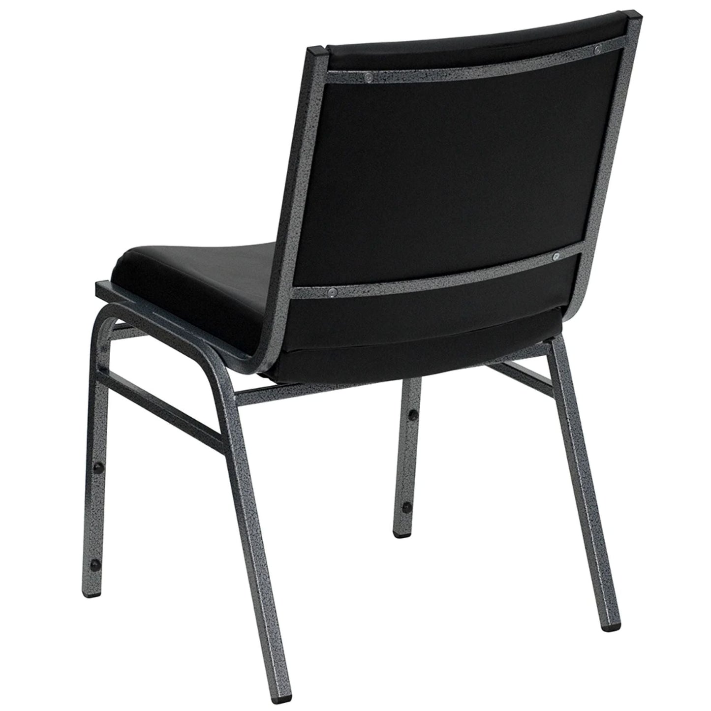 Stacking chair with oak frame and silver vein steel base featuring contoured black vinyl cushions, back view.