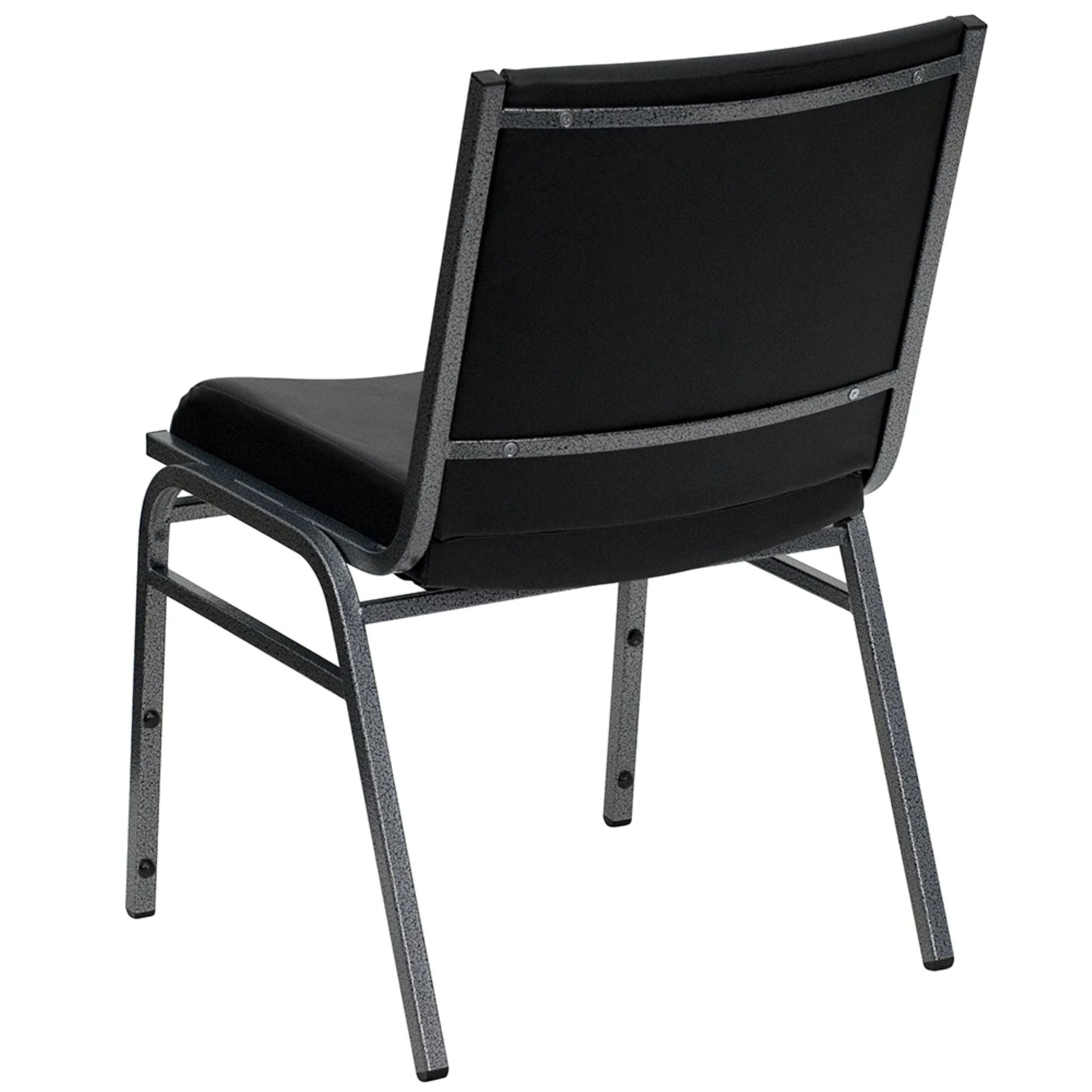 Stacking chair with oak frame and silver vein steel base featuring contoured black vinyl cushions, back view.