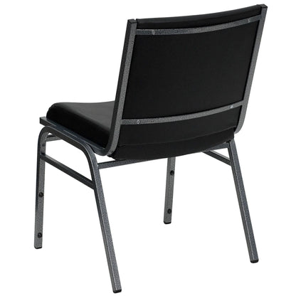 Stacking chair with oak frame and silver vein steel base featuring contoured black vinyl cushions, back view.