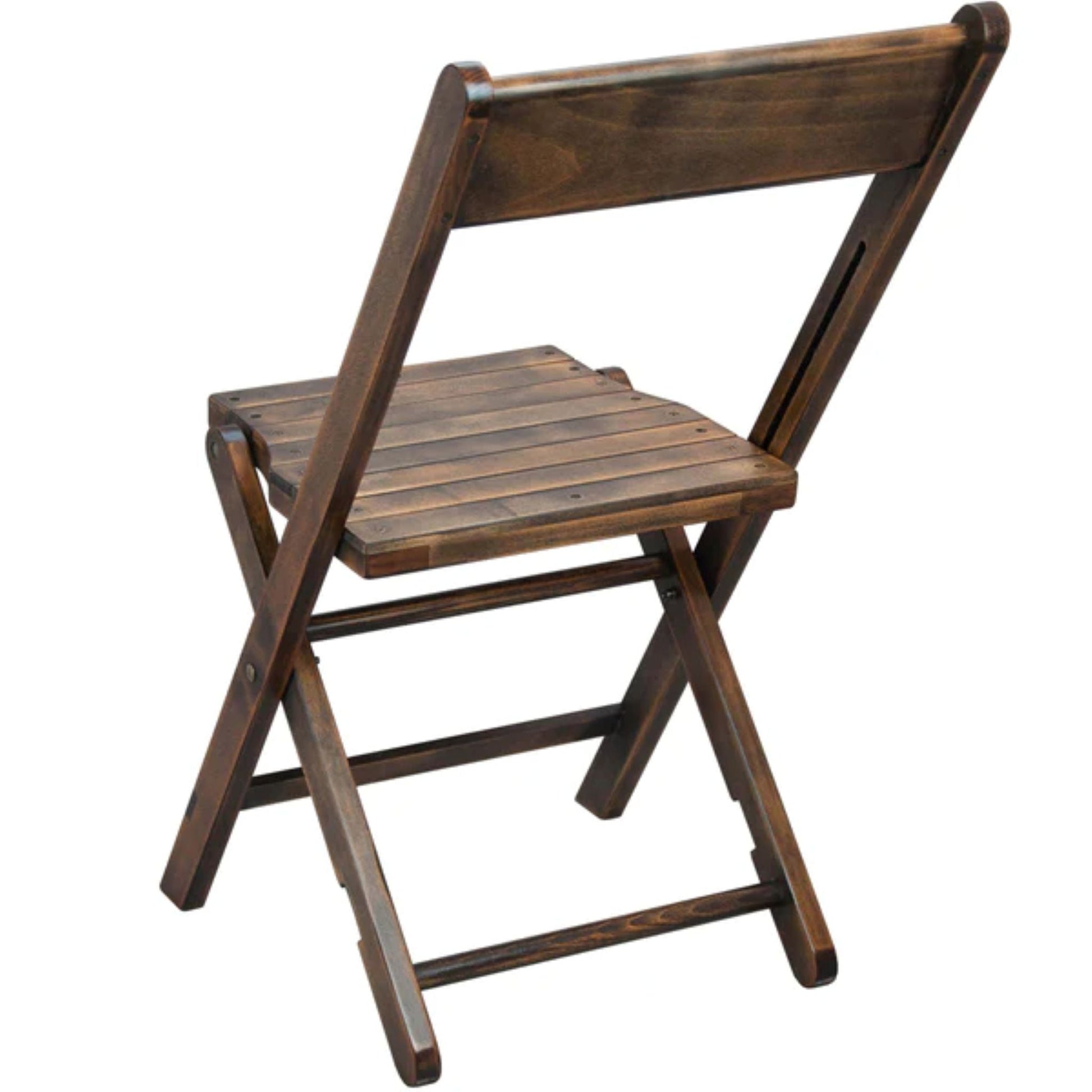 Back view  of slatted wood folding wedding chair featuring a beechwood frame and farmhouse-style slatted seat