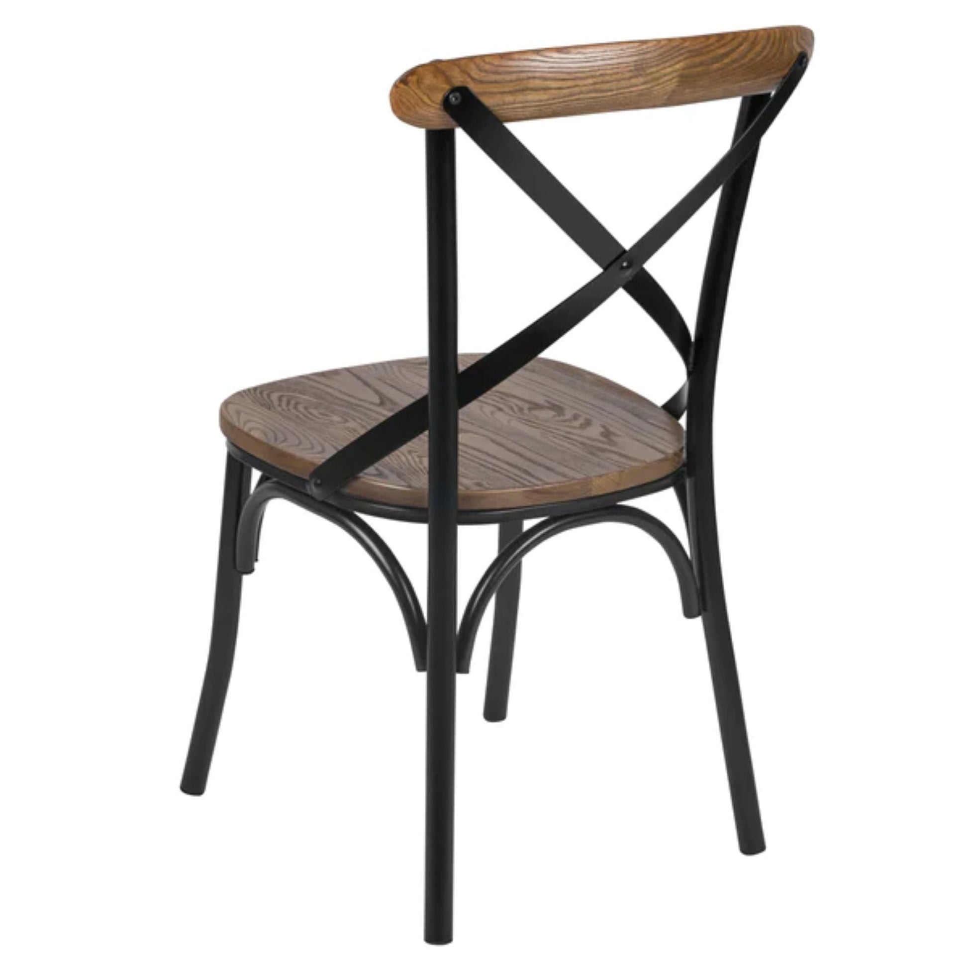 Rear view of X-back chair highlighting metal cross-back design and wood insert panel.