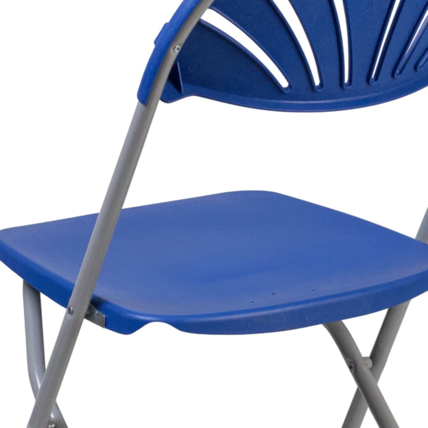 Angled view of blue fan back event chair suitable for weddings and parties.