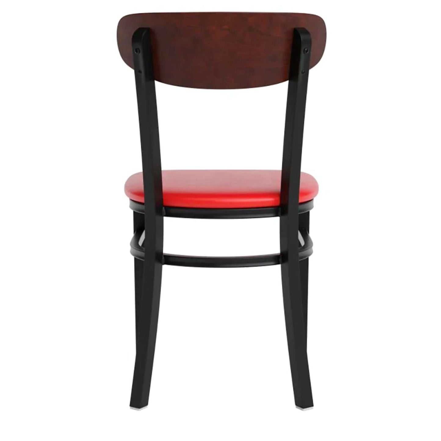Back view of dining chair with walnut backrest, black steel frame, and red vinyl seat.
