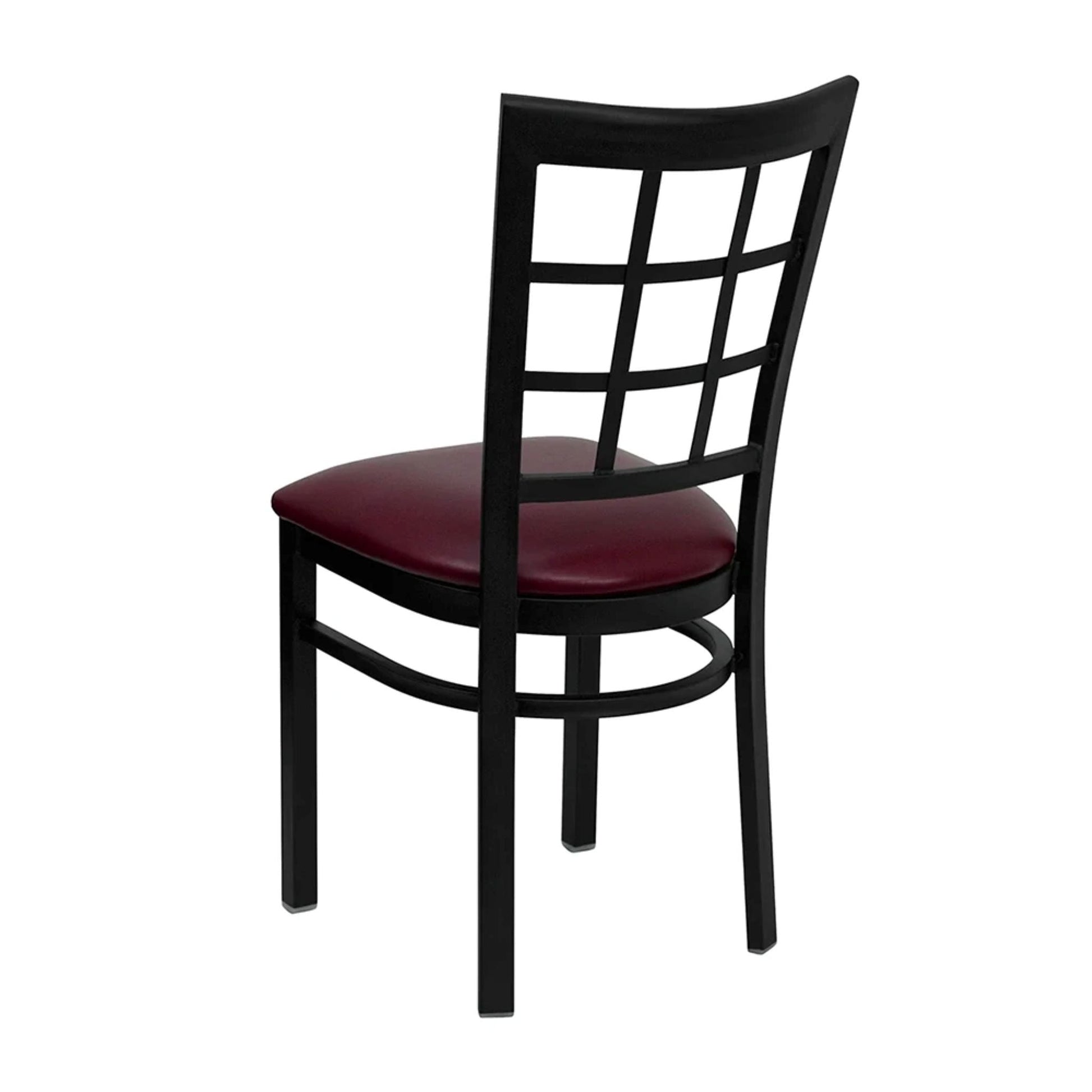 Angled view of window pane back dining chair with burgundy vinyl seat and black powder-coated steel frame.