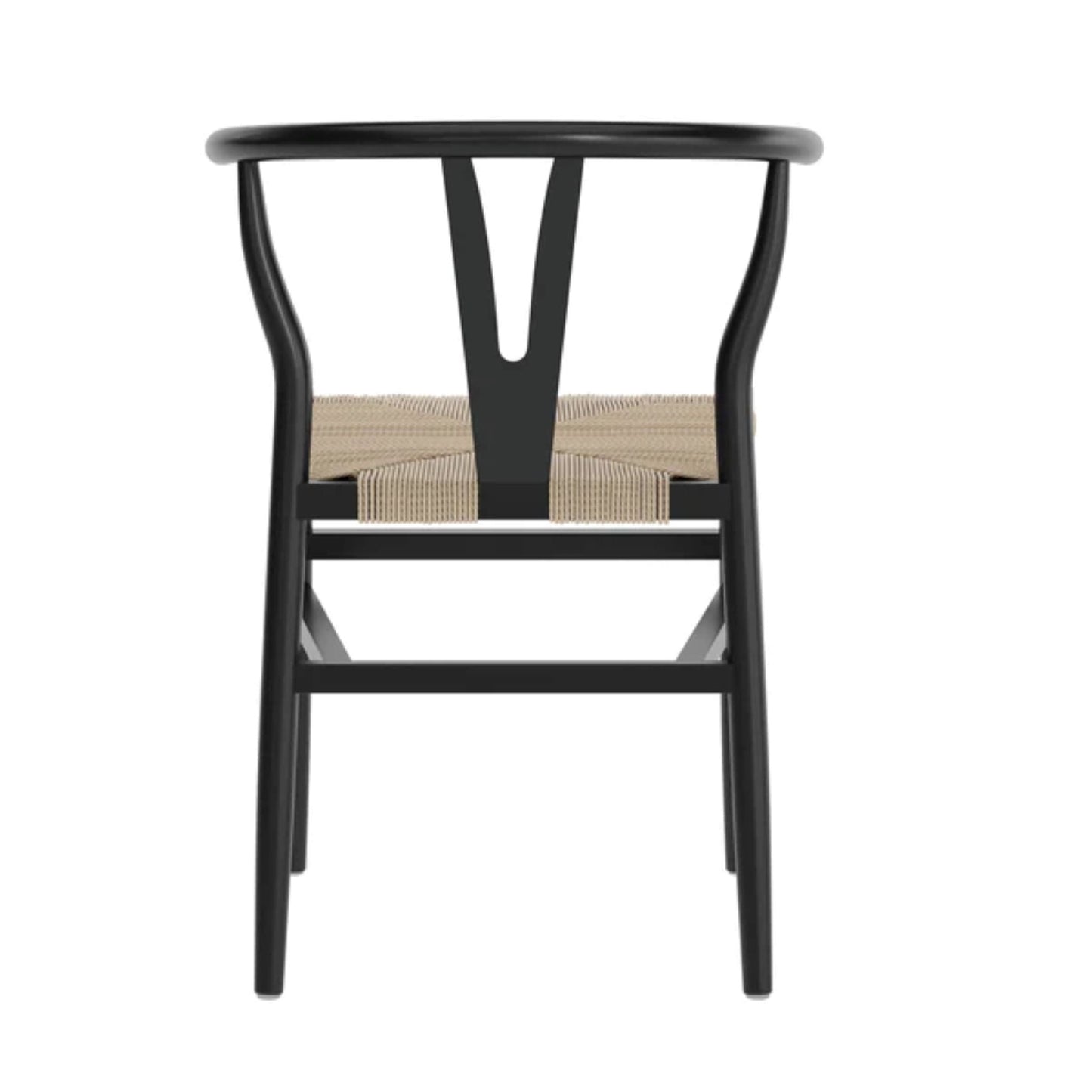 Back view of black wishbone-style chair with rounded support and woven kraft paper seat