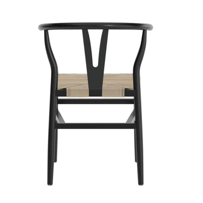 Back view of black wishbone-style chair with rounded support and woven kraft paper seat