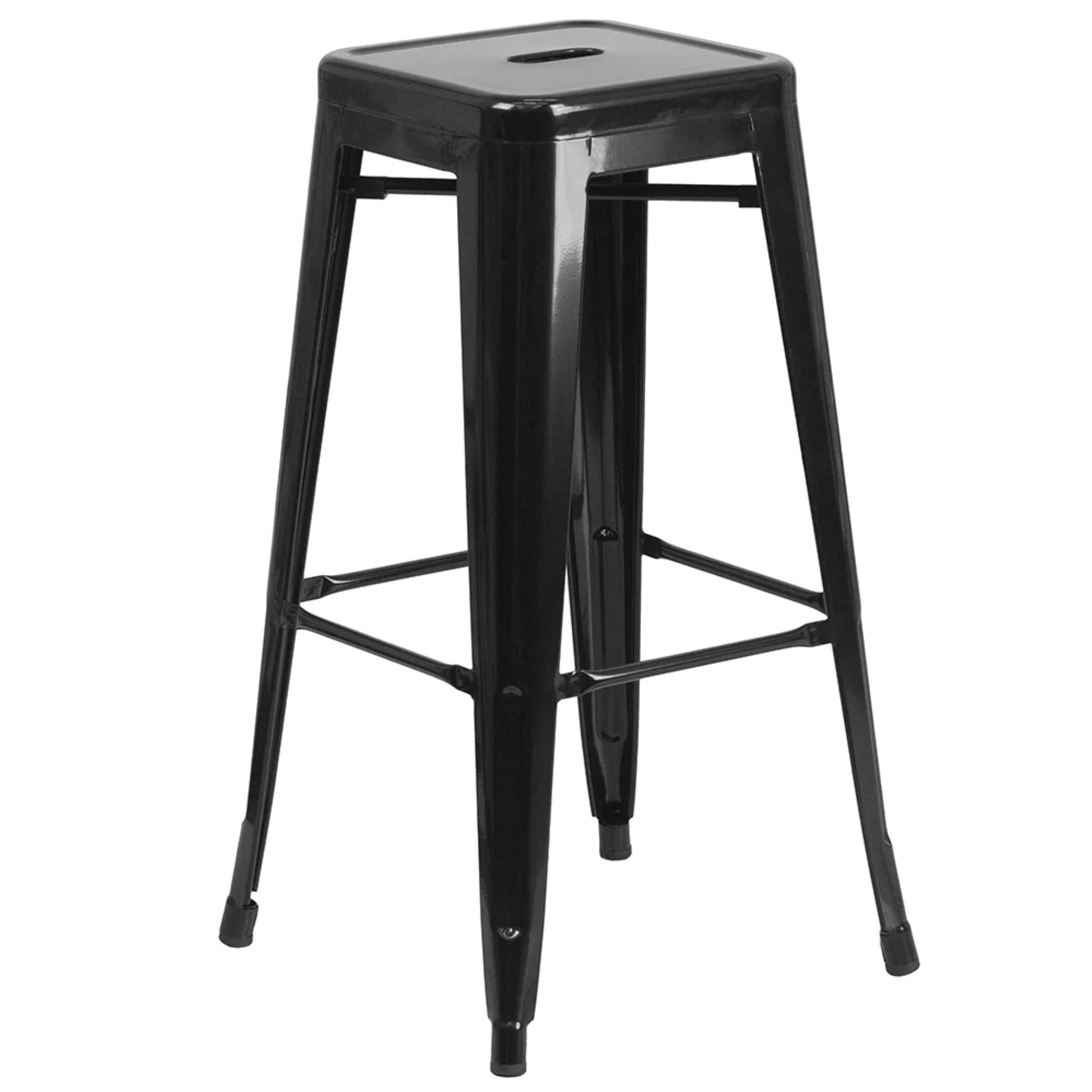 30-inch backless metal bar stool in black with footrest and drain hole seat