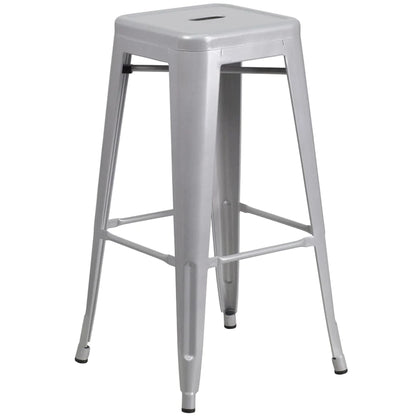 30-inch backless metal bar stool in silver with footrest and drain hole seat