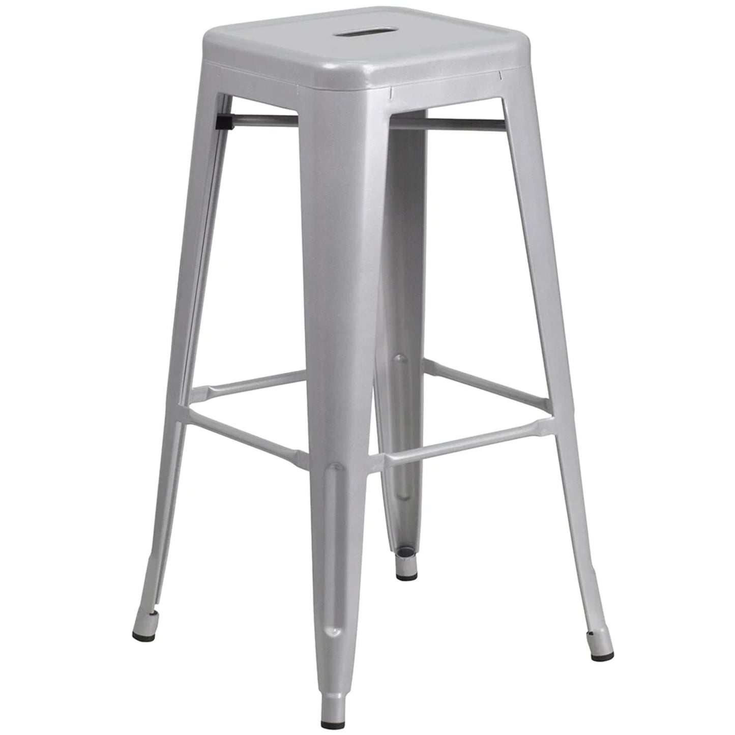30-inch backless metal bar stool in silver with footrest and drain hole seat