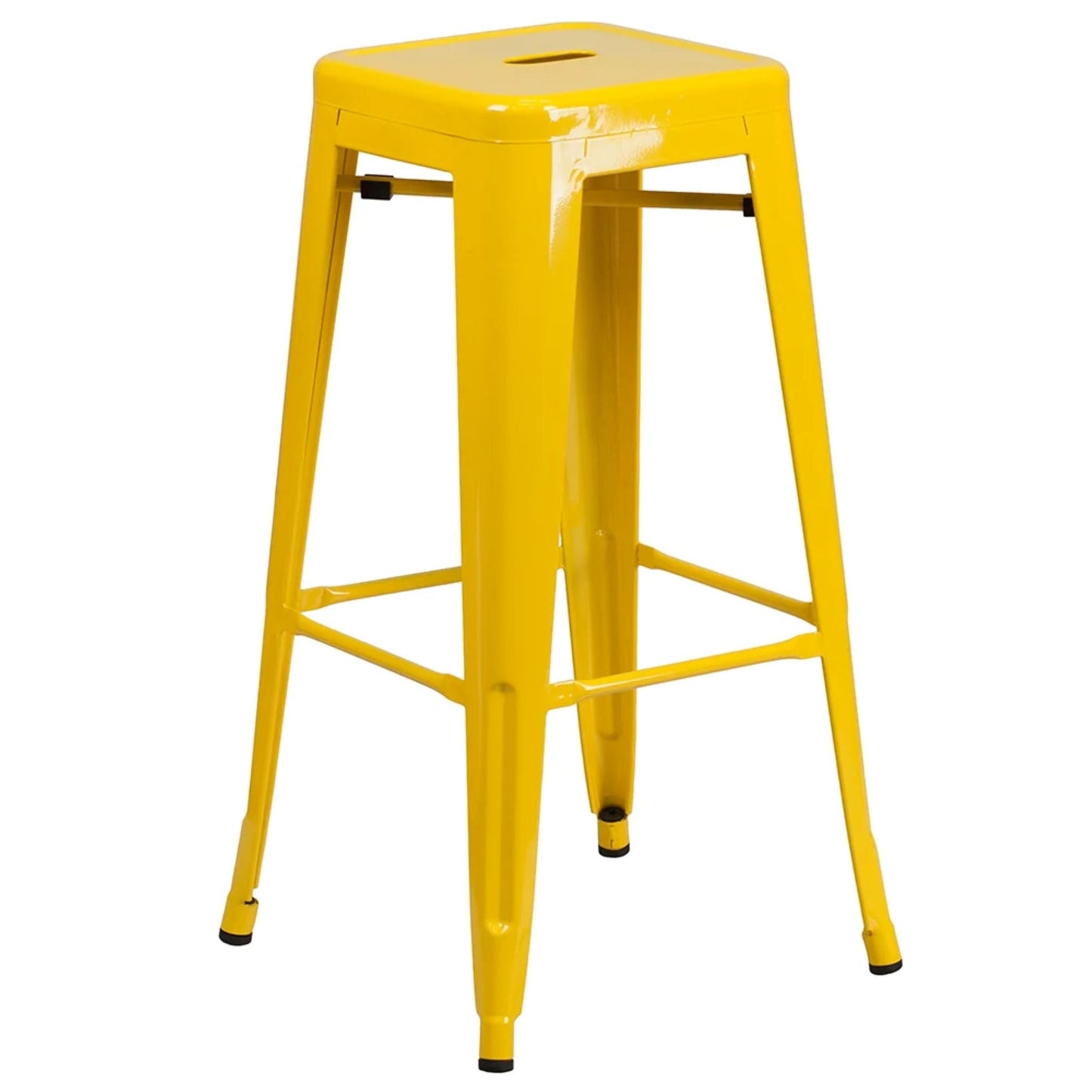 30-inch backless metal bar stool in yellow with footrest and drain hole seat