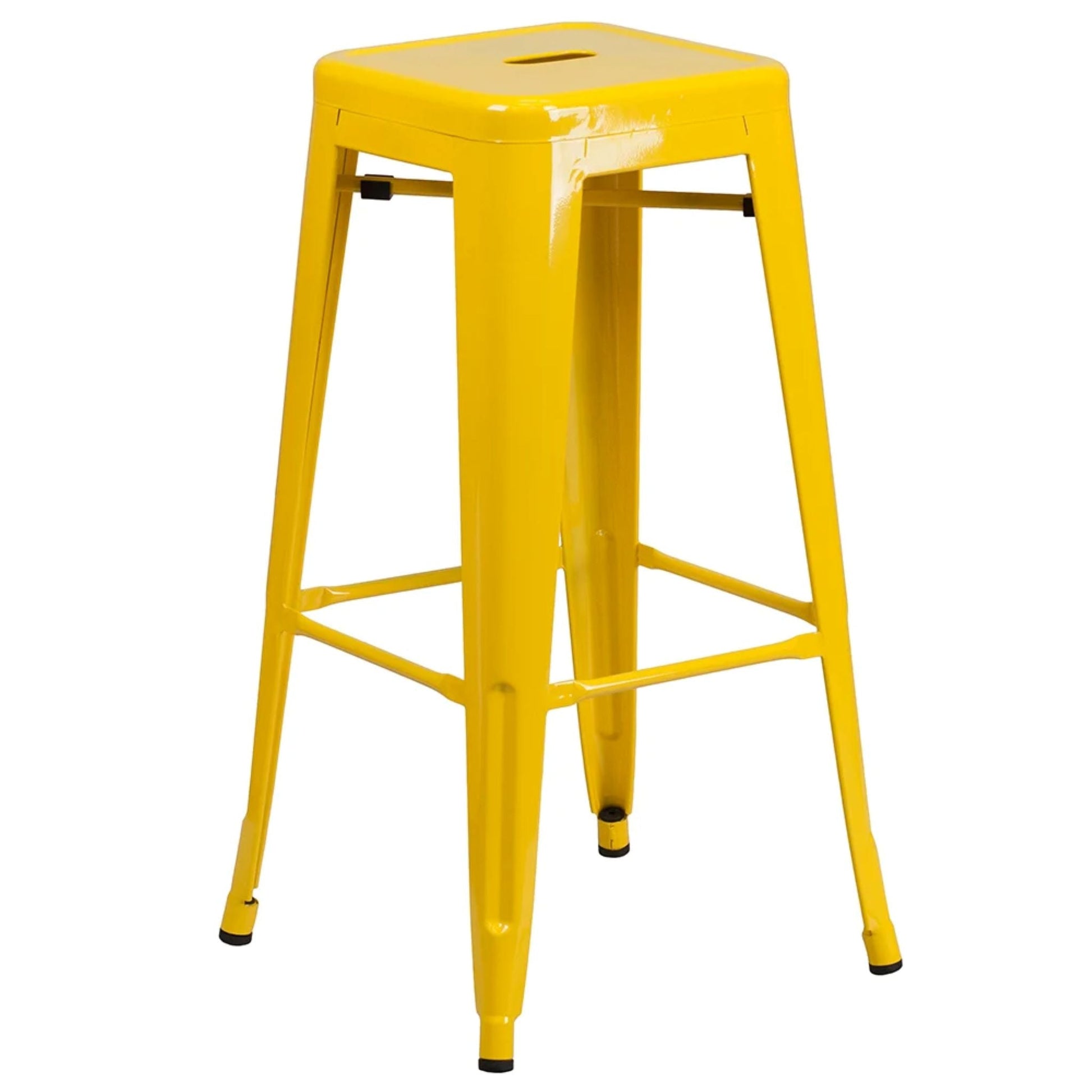 30-inch backless metal bar stool in yellow with footrest and drain hole seat