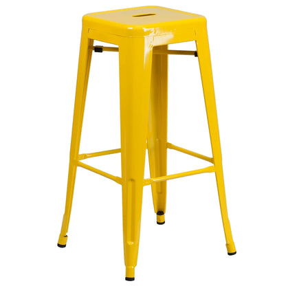 30-inch backless metal bar stool in yellow with footrest and drain hole seat