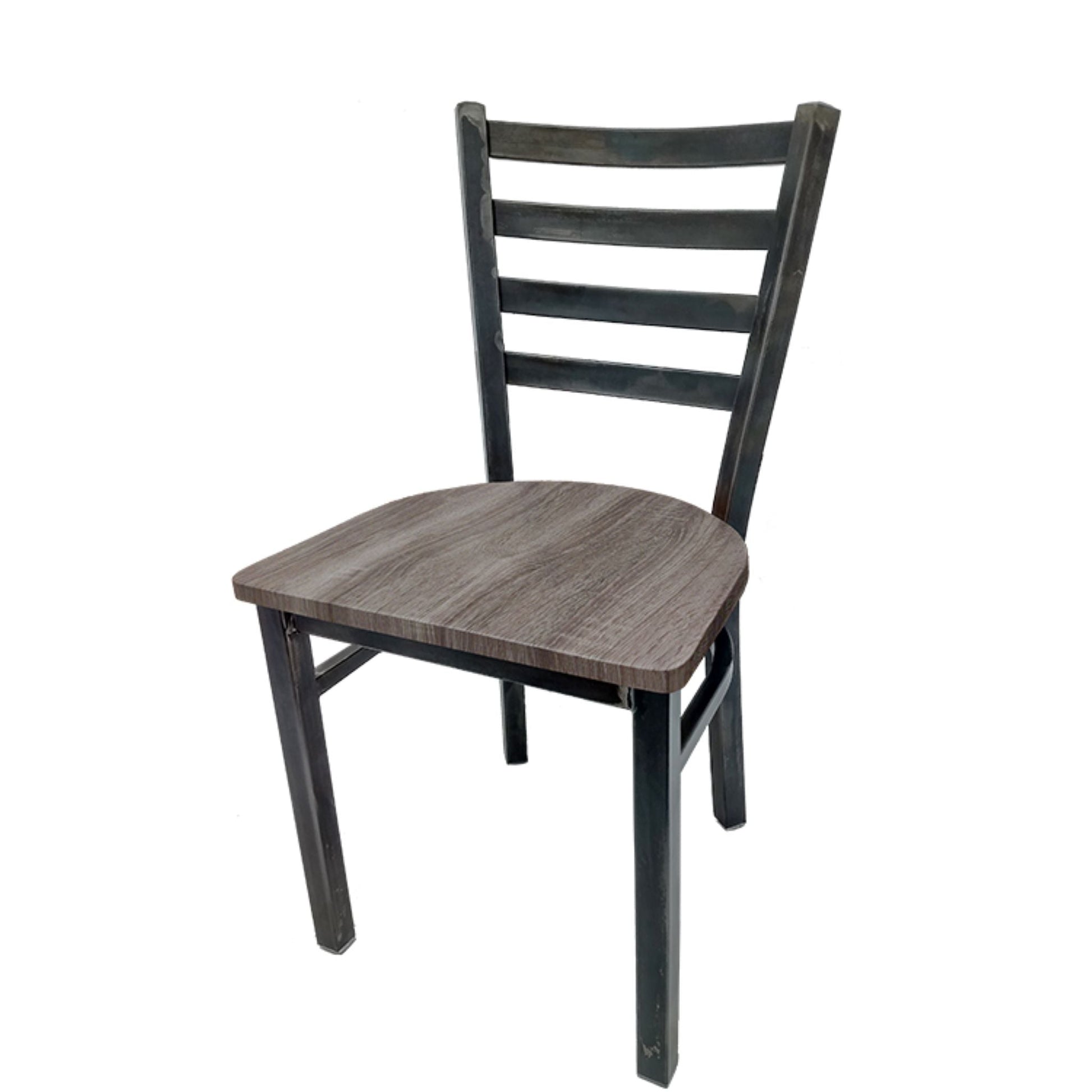 Rustic ladderback metal dining chair with clear coat steel frame and barnwood solid wood seat.