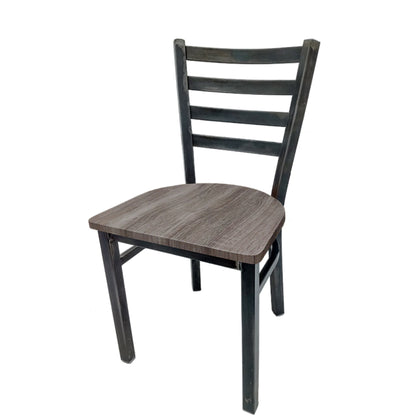 Rustic ladderback metal dining chair with clear coat steel frame and barnwood solid wood seat.