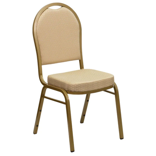 Dome back banquet chair with beige patterned fabric seat and back on a gold steel frame, front view