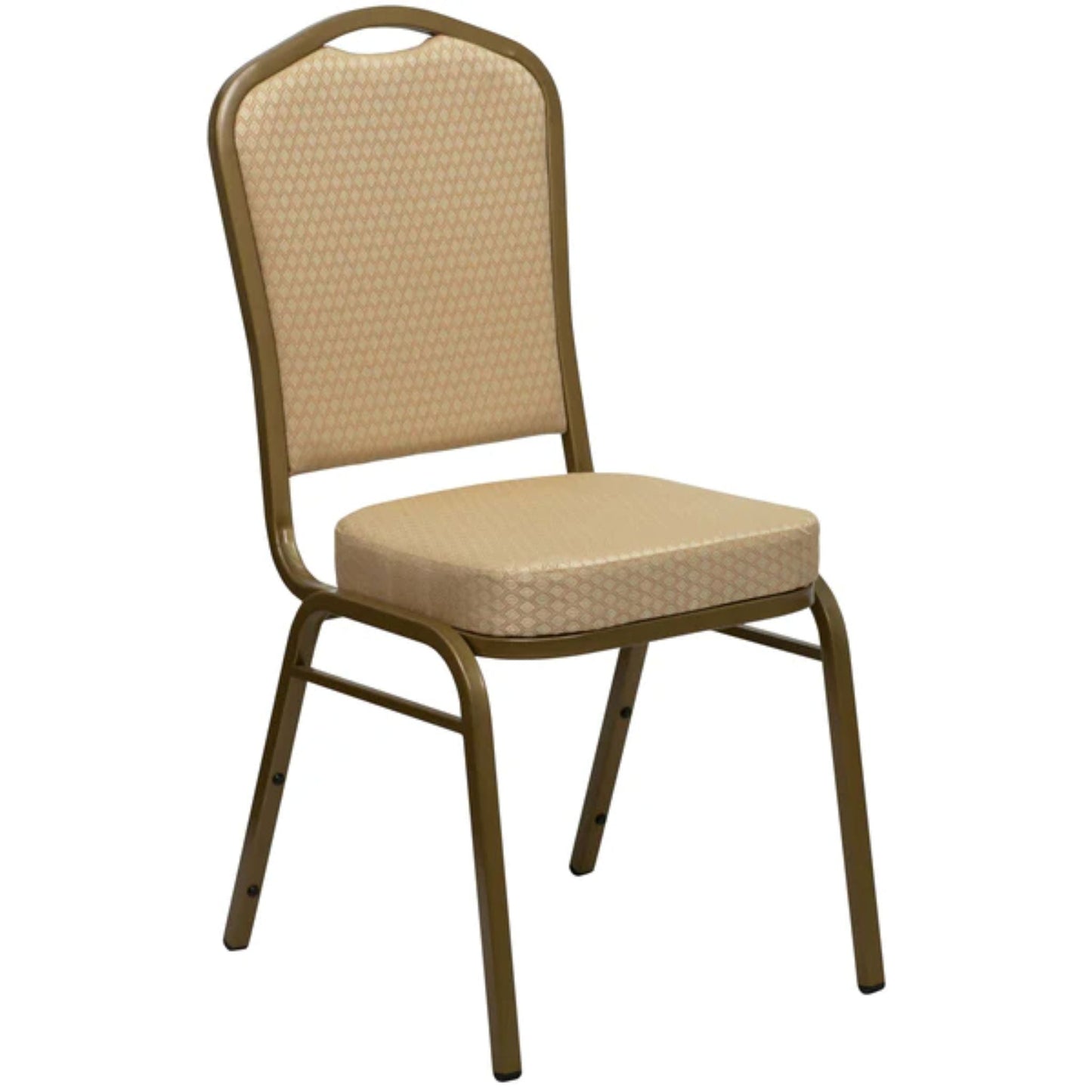 Crown back banquet chair with beige  fabric upholstery and a gold frame.