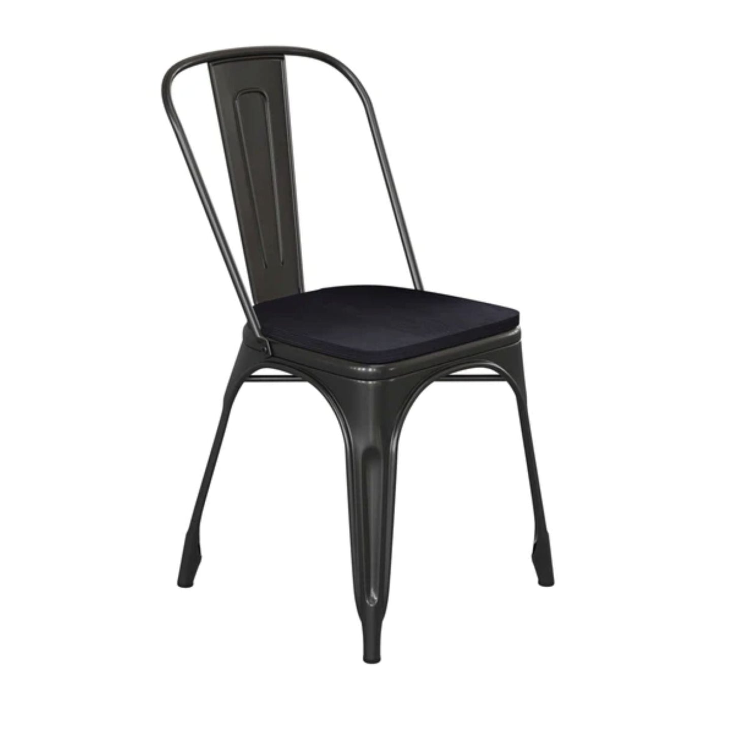 Black metal indoor–outdoor stackable chair with matching black all-weather polystyrene seat.