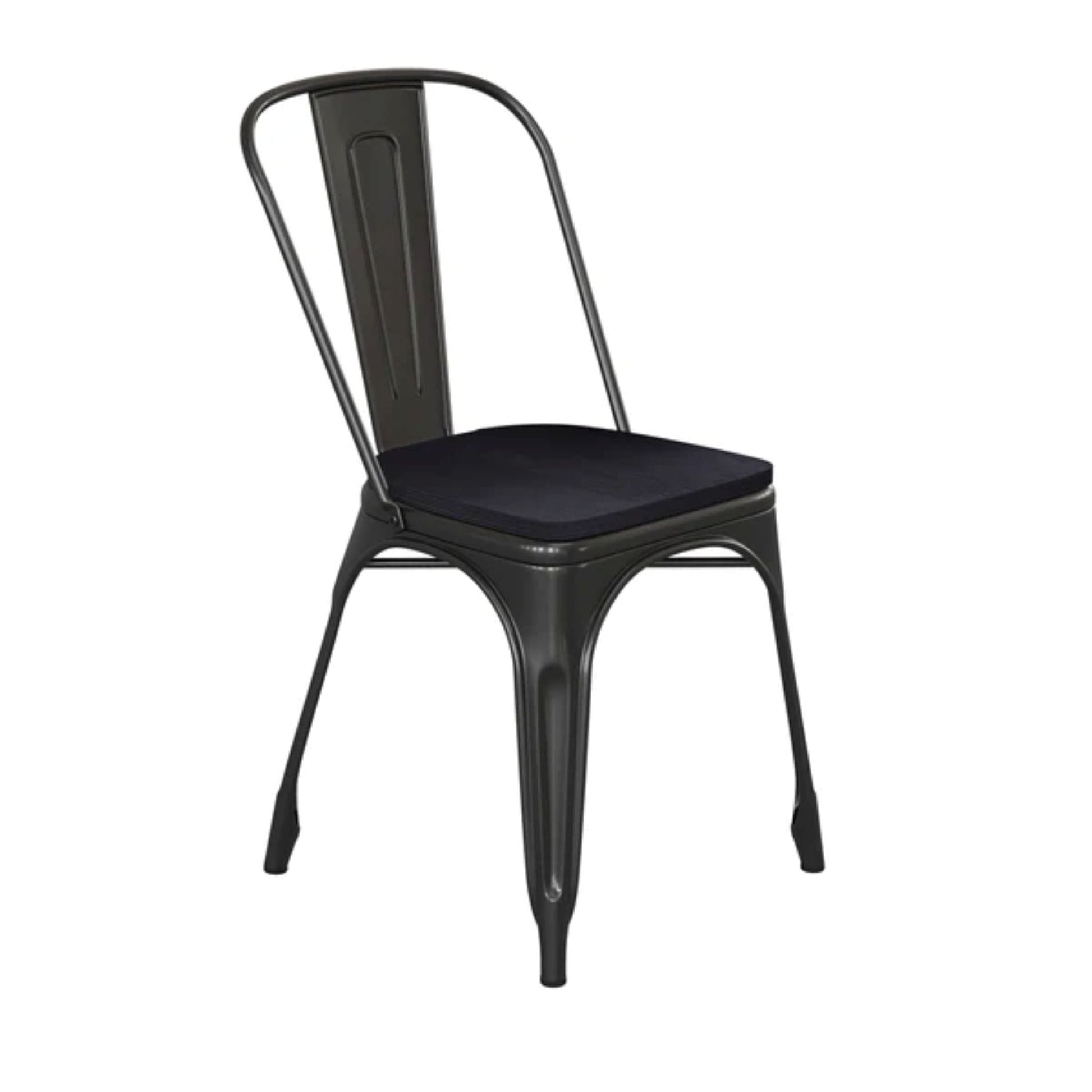 Black metal indoor–outdoor stackable chair with matching black all-weather polystyrene seat.