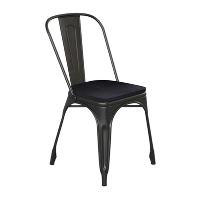 Black metal indoor–outdoor stackable chair with matching black all-weather polystyrene seat.